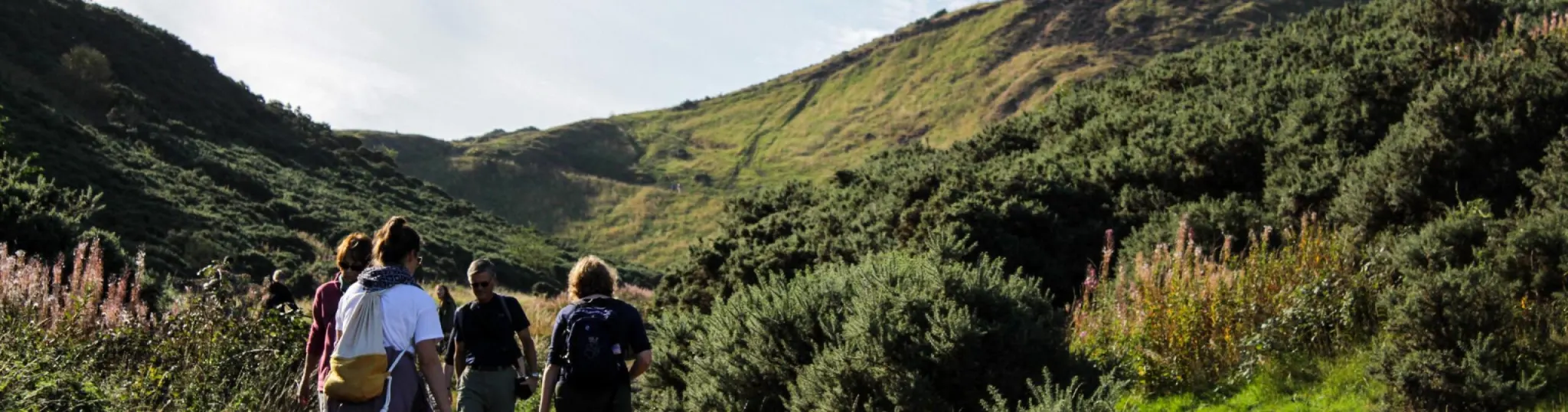 Beautiful landscape photo of students walking towards green hills.