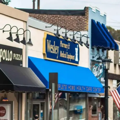 A wide shot of the stores in Downtown Glenside