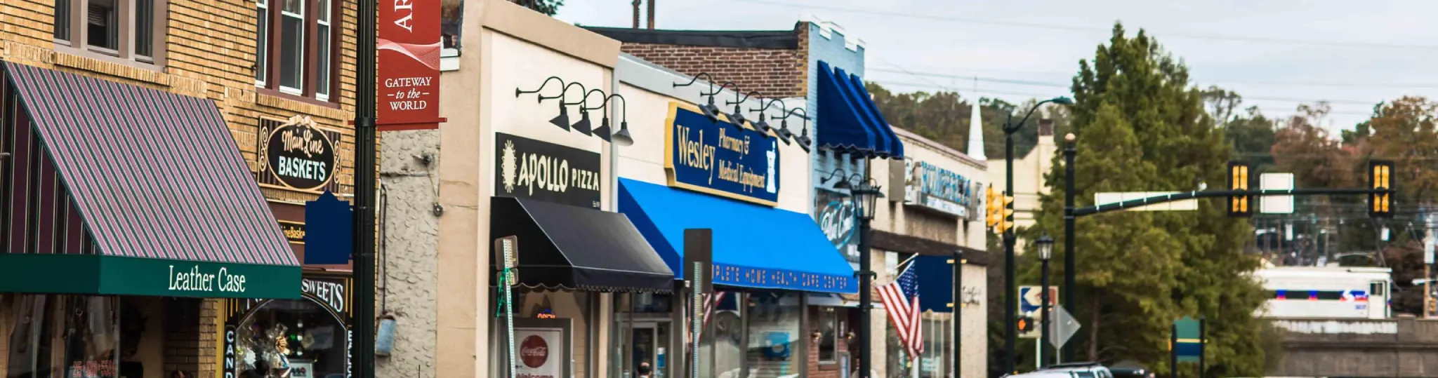 A wide shot of the stores in Downtown Glenside