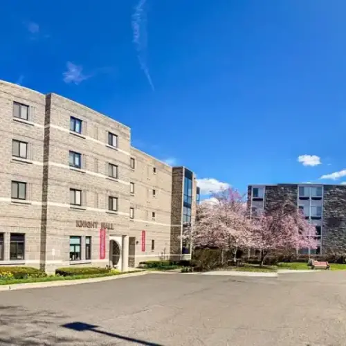 A photo of Knight Hall from the outside on a sunny day