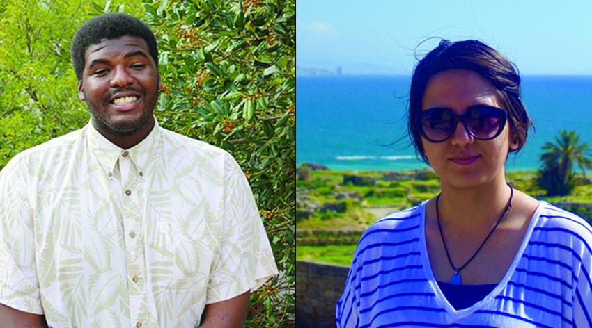 Two portraits of people posing in various outdoor sunny environments.