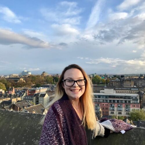 A student outside in London.