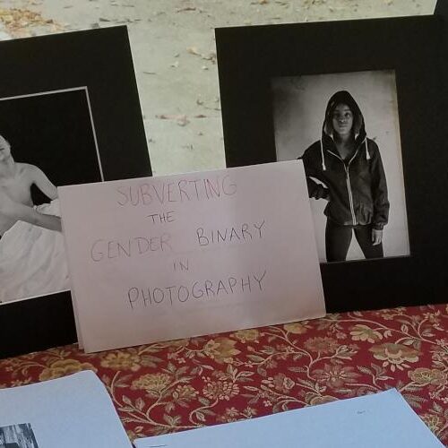 Six pictures of a student displaying their journey breaking the gender binary. The pictures are in black an white and have a black frame.