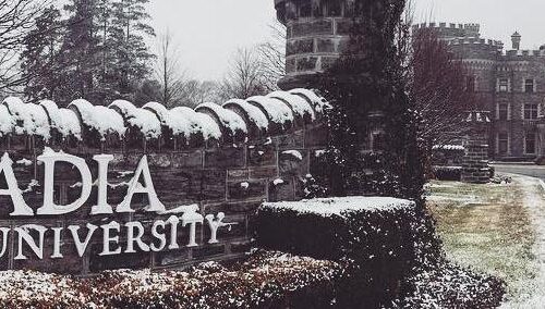 Arcadia University entrance gate in the snow