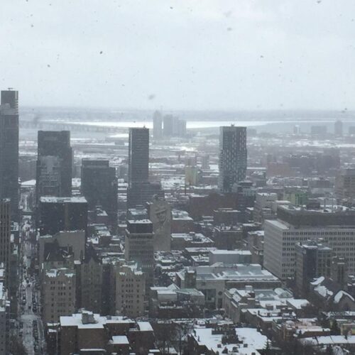 An aerial photo of a city skyline