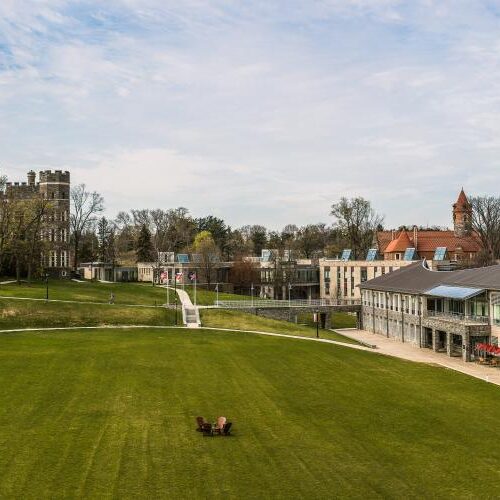 A panorama of campus including residence halls, Haber Green, Commons, and Grey Towers