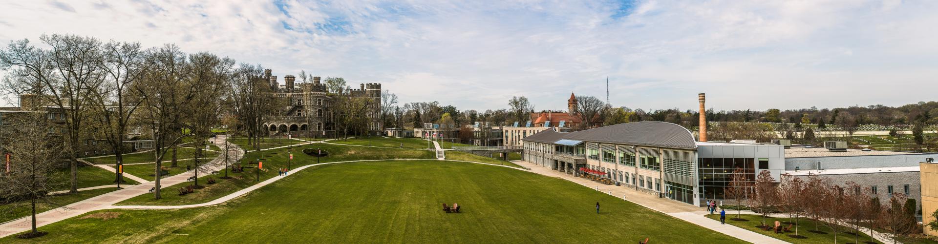 A panorama of campus including residence halls, Haber Green, Commons, and Grey Towers