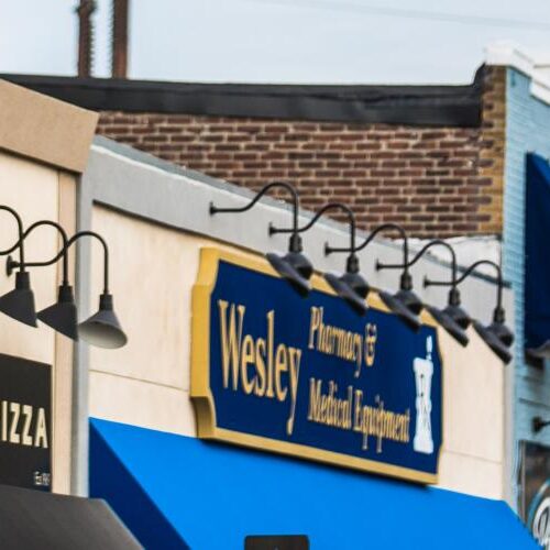 The signs and awnings of Downtown Glenside, PA shops and restaurants