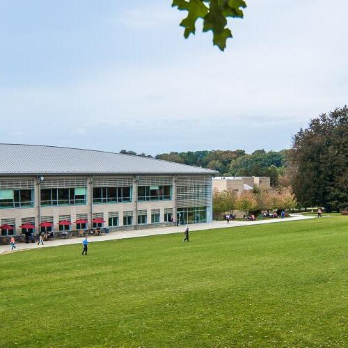 Wide view of Haber Green, The Commons, and Landman Library.