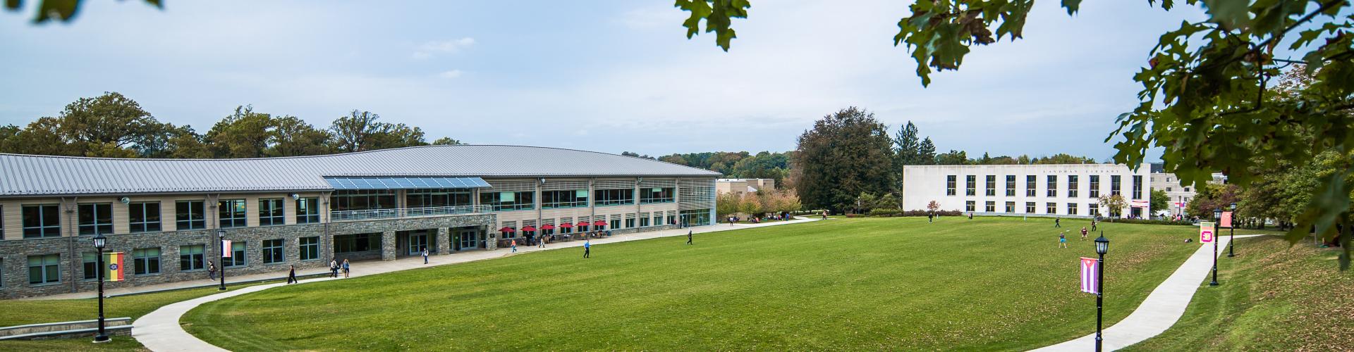 Wide view of Haber Green, The Commons, and Landman Library.