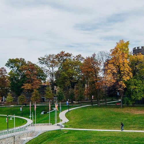 A panorama of Grey Towers Castle and Haber Green in the fall