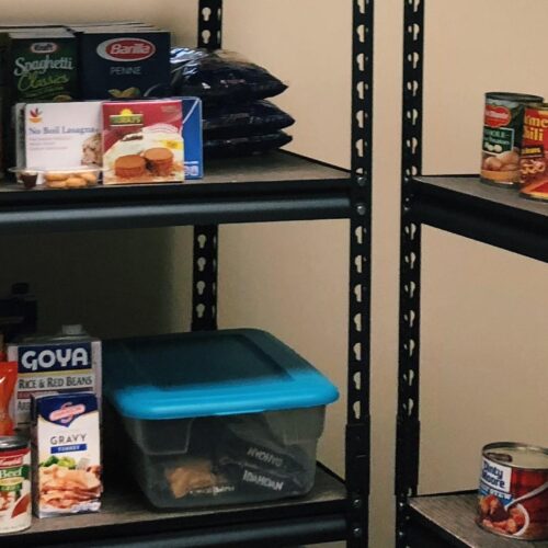 Food pantry shelves filled with supplies.