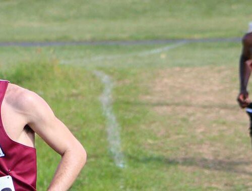 Cross country athletes running for a race.