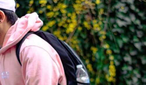 A student in a pink sweatshirt walking across campus in spring