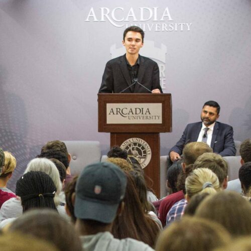 David Hogg speaks at Common Read presentation.