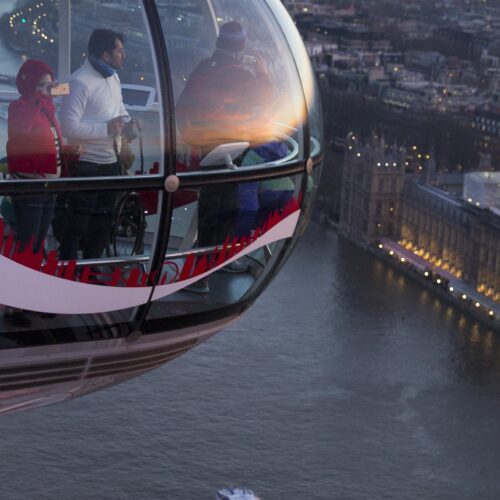 People in a Ferris wheel over London