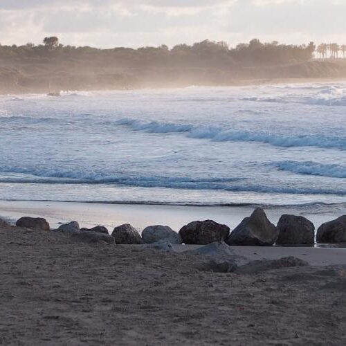 wide shot of the foggy beach - the waves are rippling before it hits shore