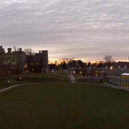 Aerial view of Grey Towers Castle and Haber Green at night