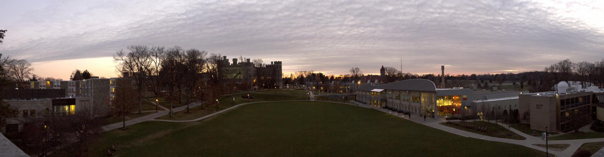 Aerial view of Grey Towers Castle and Haber Green at night