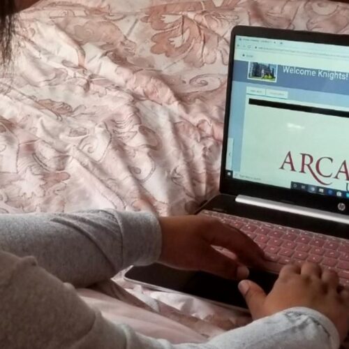 A person wearing the Arcadia Scarlet and Grey Day shirt while going on to Arcadia's website.