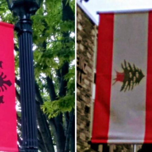 A collage of 4 flags suspended on lamp posts.