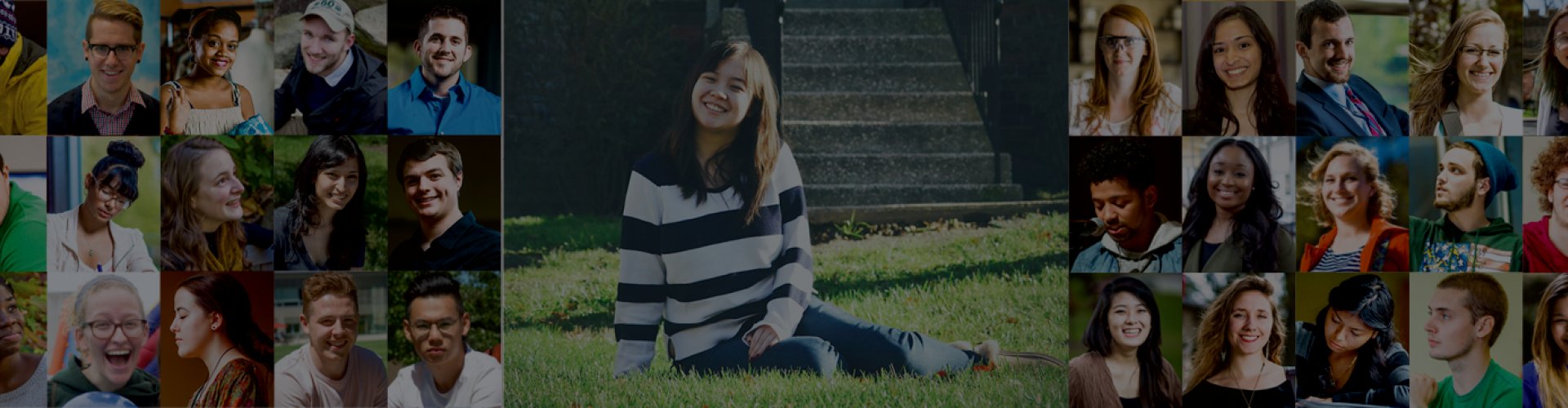 A banner of different student portrait photos with large student photo in the middle