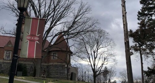 A view of Murphy Hall on a gray cloudy day