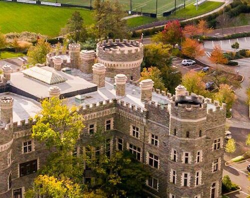 Drone wide shot of Greys Tower Castle