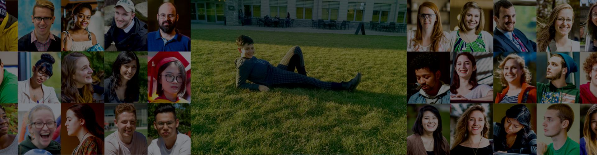 A dark collage of portraits with a person laying on Haber Green in center