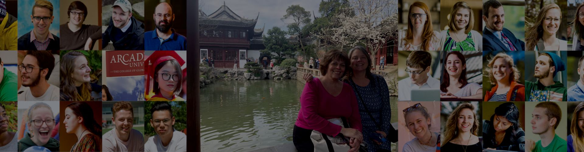 A collage of many Aracadia students abroad and on campus, centered is a pair of women with a temple in the background.