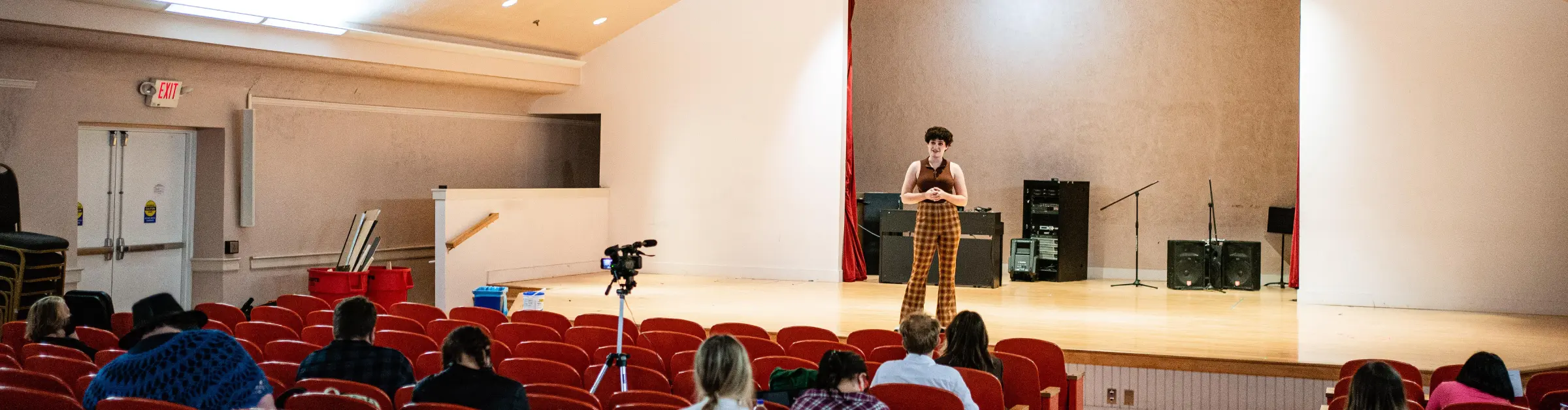 A person giving a speech in an auditorium