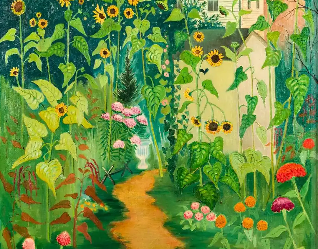 Oil painting of a thin dirt path that leads to a house. Colorful and diverse flowers follow the path.