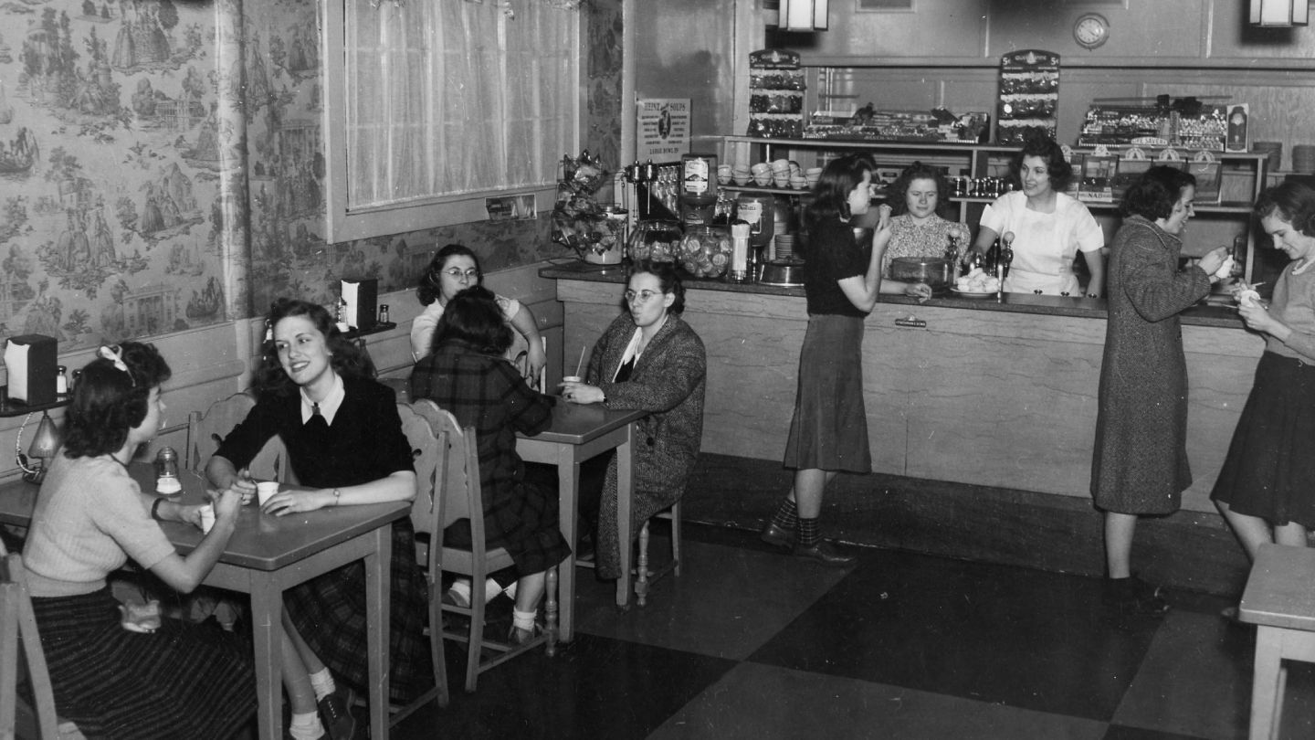 Jane Carlin having a soda in the Chatterbox of Beaver Hall, Jenkintown Campus