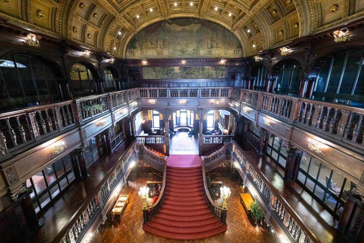 Greys Tower Castle Foyer view mezzanine looking down at staircase