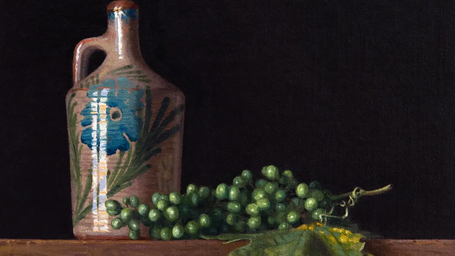 a painting of a vessel with a blue flower on it and a bunch of green grapes