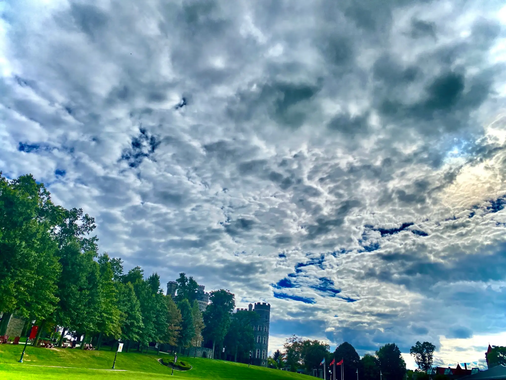 Midday view of the sky across Haber Green from Landman Library.