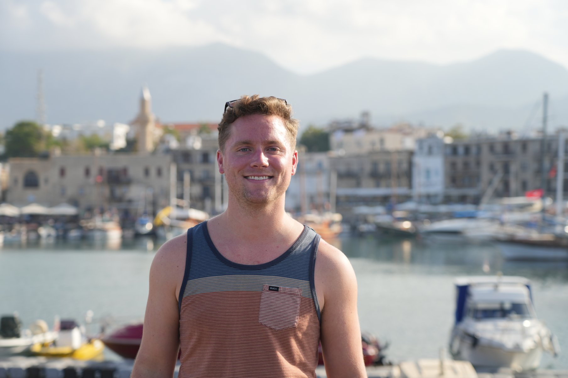 Ryan Eilerman '24M in front of Kyrenia Harbor in the Turkish Republic of Northern Cyprus, IPCR Trip, October 2022