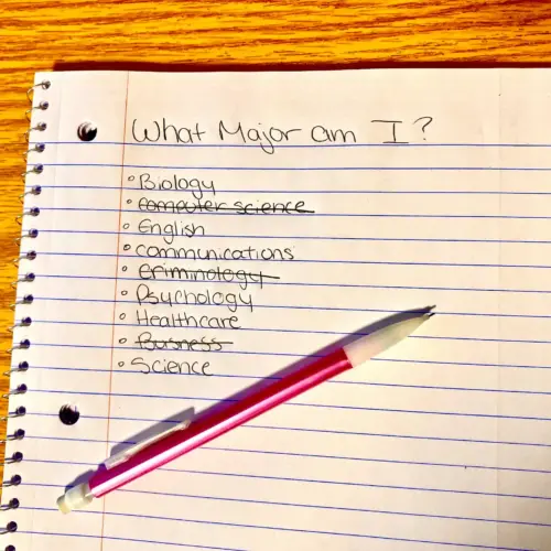 A page in a notebook that contains a list titled "What Major Am I?"