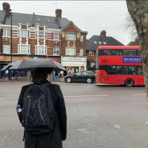 A person with their back to the camera, holding an umbrella, in London