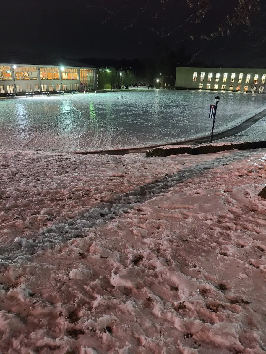 Haber Green covered in ice and snow.