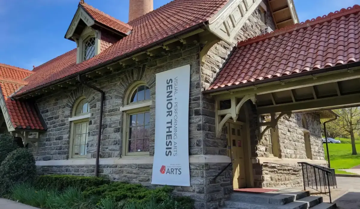 Spruance Art Building showing Senior Thesis banner