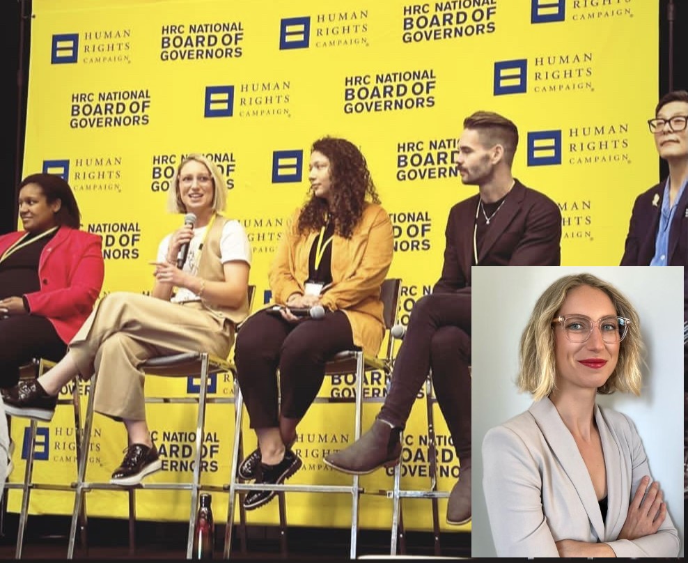 Headshot of Chantel with shoulder-length blonde hair and glasses. She is also sitting among a panel for the Human Rights Campaign