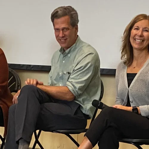 Angela McNeil, Ellen Skilton, Peter Siskind, Amy Henning, and Collene Pernicello seated on stage in the Great Room