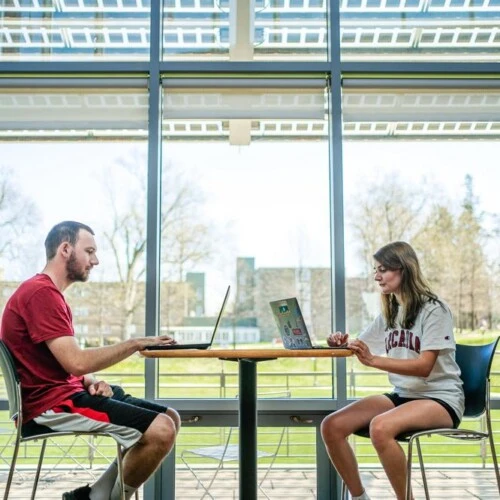 A man student and woman student studying on their laptops in The Chat