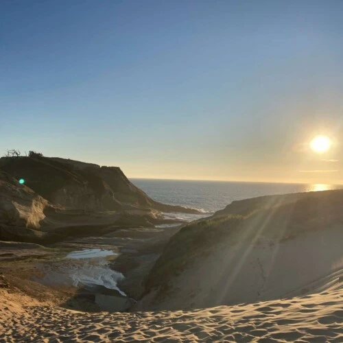 The sun shines low over the horizon over beach dunes by a body of water