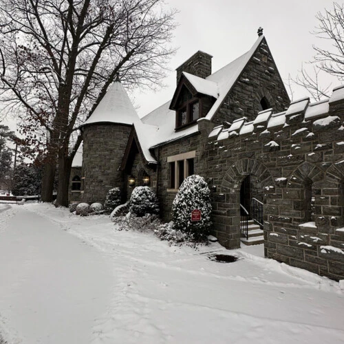 Blankley Alumni House covered in snow.