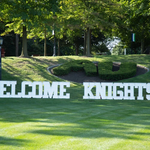 "Welcome Knights" sign on Haber Green.