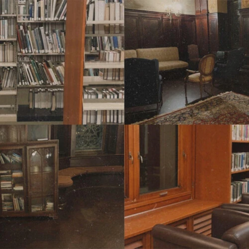 A collage of bookshelves on campus.