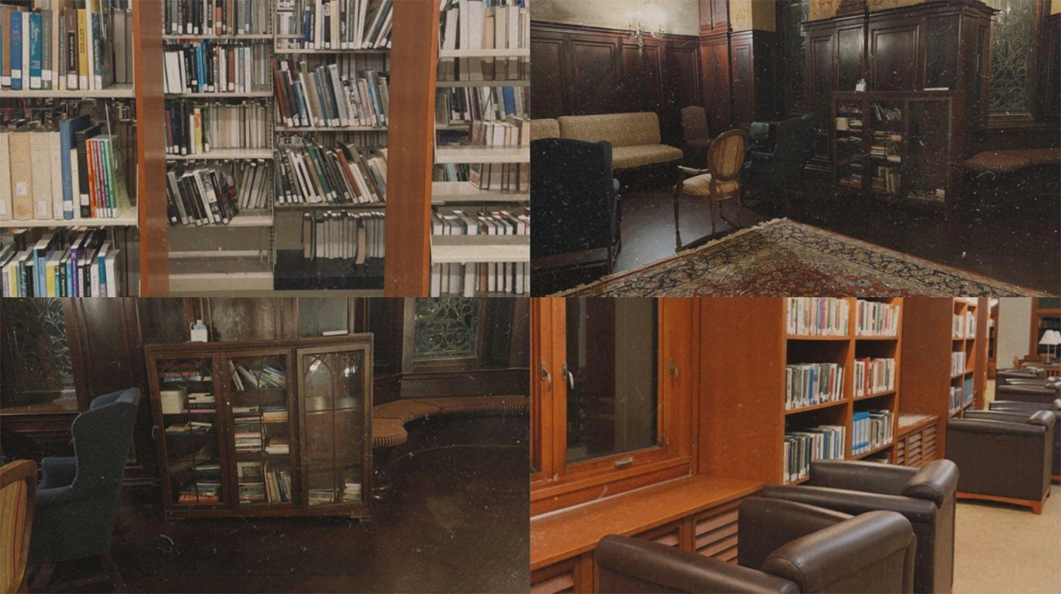 A collage of bookshelves on campus.